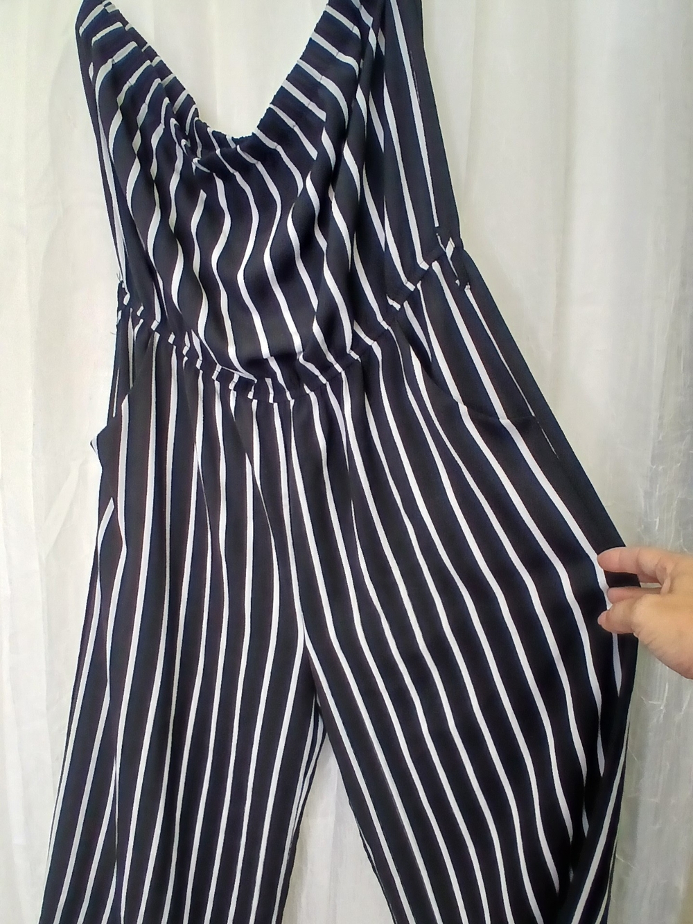 Ambiance Navy and White Vertical Stripe Jumpsuit